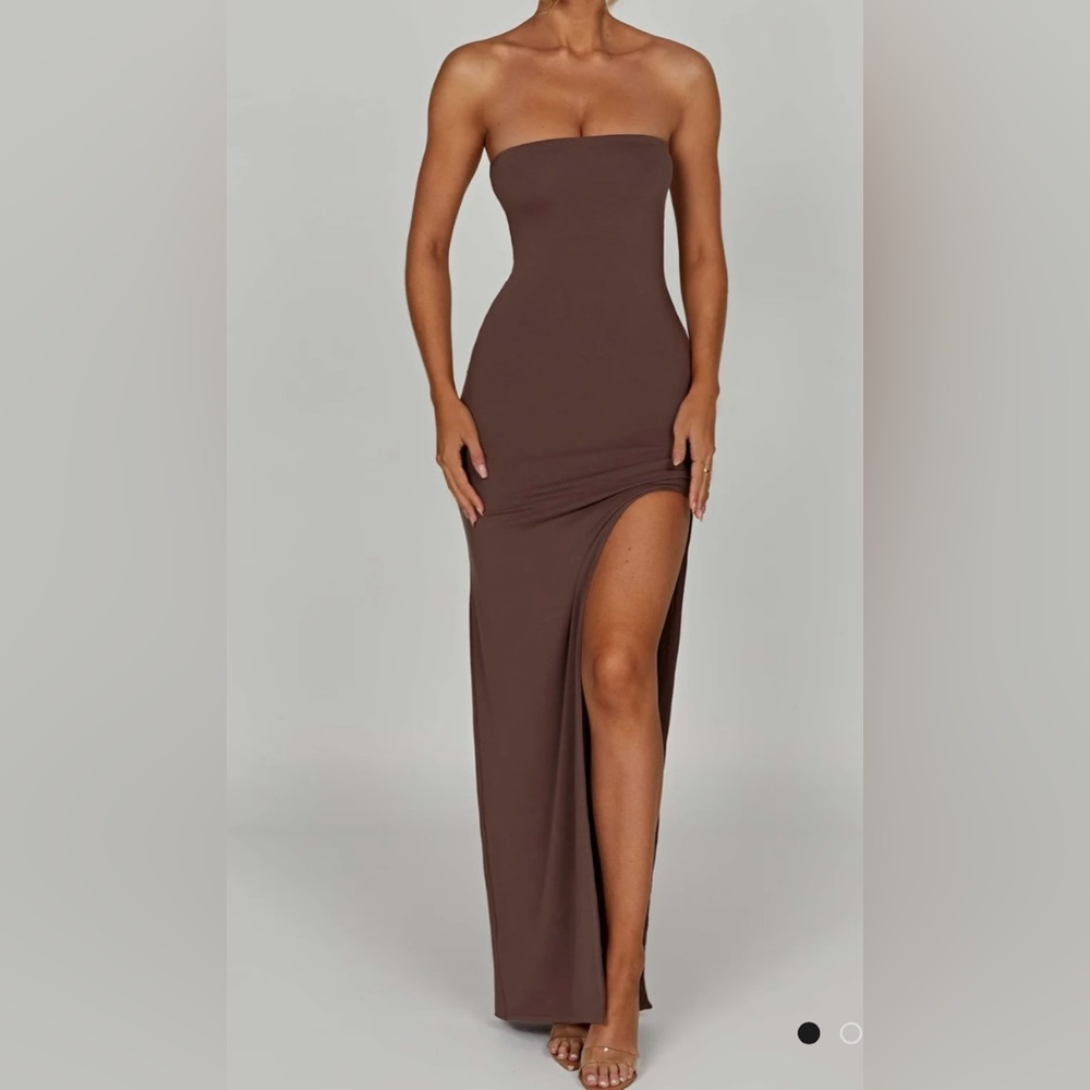 Brown Strapless Maxi Dress with slit